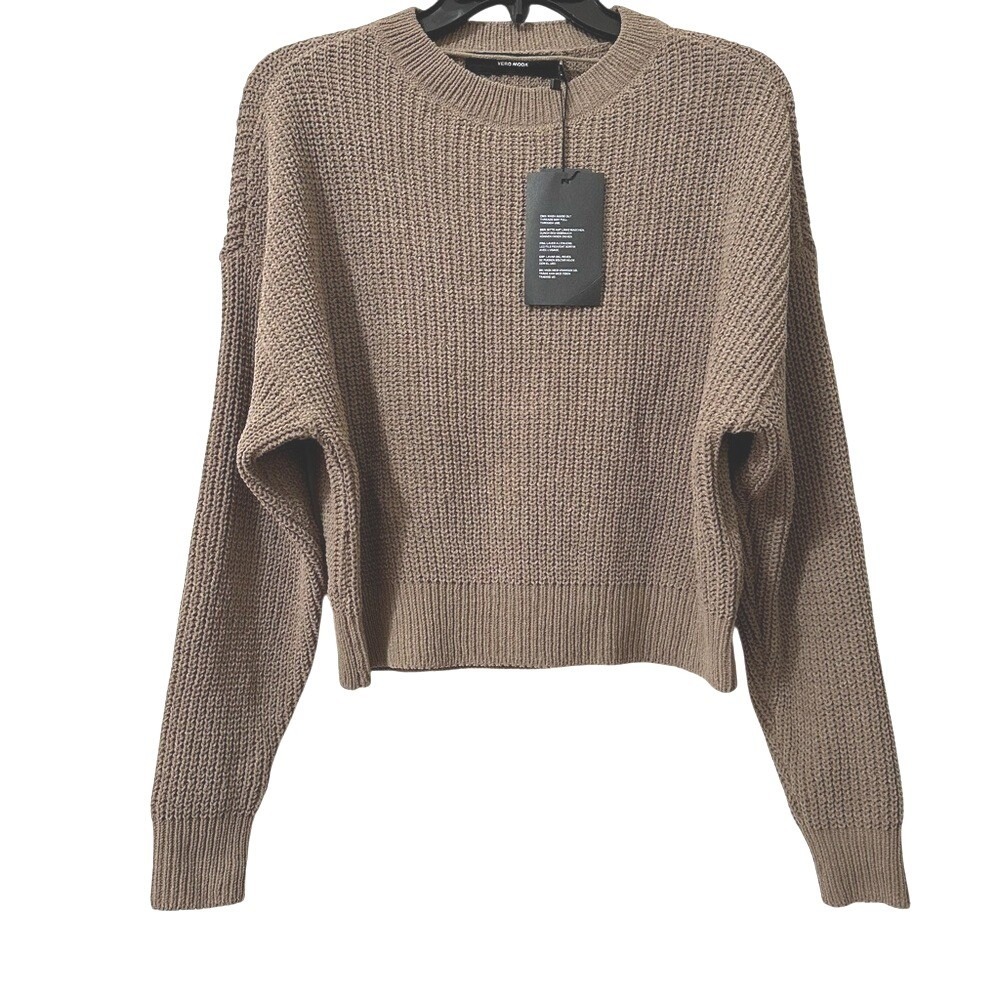 Vero‎ Moda Sadie Ribbed O-Neck Cropped Sweater Brown Taupe XS NEW 10253096